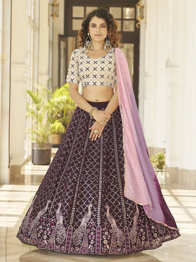 Dazzling Purple Georgette Thread Embroidered Lehenga With Dupatta